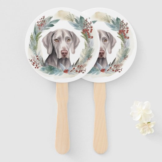 Weimaraner Kerstkrans Feestelijke Pup Handwaaier (Voorkant en achterkant)