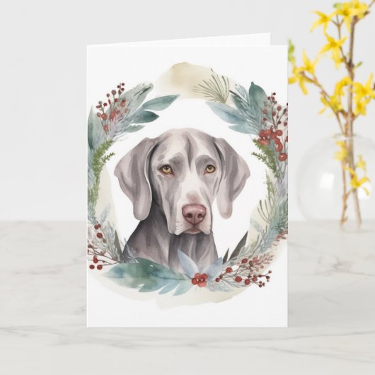 Weimaraner Kerstkrans Feestelijke Pup Kaart (Gele Bloem)