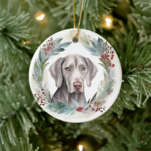Weimaraner Kerstkrans Feestelijke Pup Keramisch Ornament