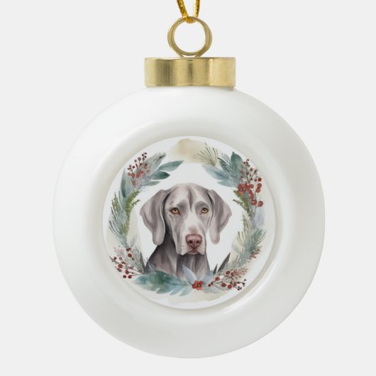 Weimaraner Kerstkrans Feestelijke Pup Keramische Bal Ornament (Voorkant)