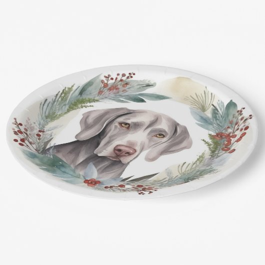 Weimaraner Kerstkrans Feestelijke Pup Papieren Bordje (Gekanteld)