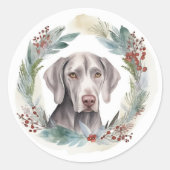 Weimaraner Kerstkrans Feestelijke Pup Ronde Sticker (Voorkant)