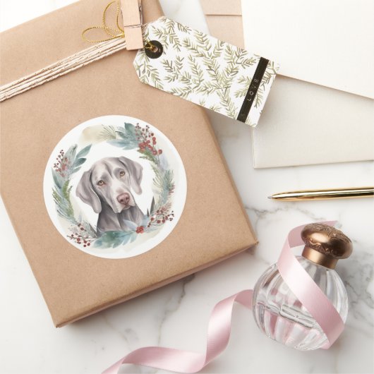 Weimaraner Kerstkrans Feestelijke Pup Ronde Sticker (Geschenken)