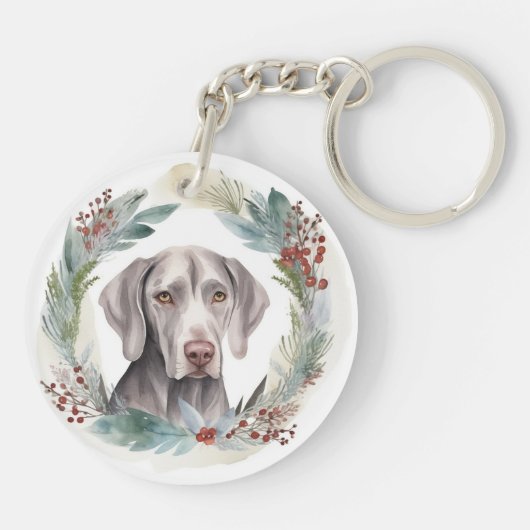 Weimaraner Kerstkrans Feestelijke Pup Sleutelhanger (Achterkant)