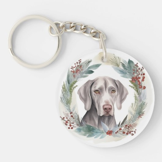 Weimaraner Kerstkrans Feestelijke Pup Sleutelhanger (Voorkant)