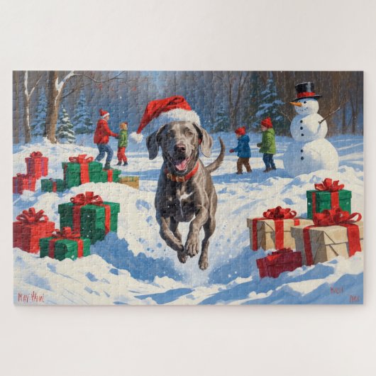 Weimaraner loopt in de sneeuw met kerstmuts legpuzzel (Horizontaal)