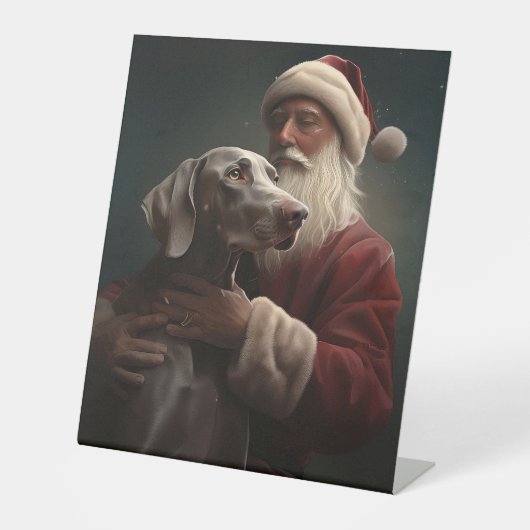 Weimaraner Met Sinterklaas Feestelijke Kerstmis Reclamebord Met Voetstuk (Voorkant)