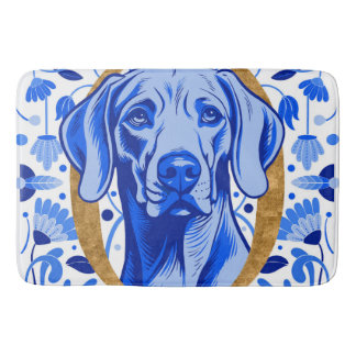 Weimaraner peering thru the letter "O" in Gold Badmat