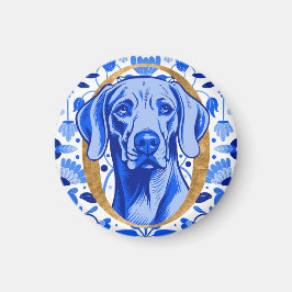 Weimaraner peering thru the letter "O" in Gold Magneet