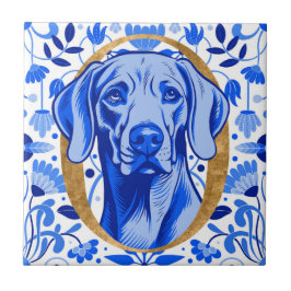 Weimaraner peering thru the letter "O" in Gold Tegeltje