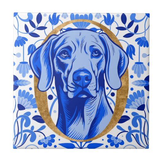 Weimaraner peering thru the letter "O" in Gold Tegeltje (Voorkant)