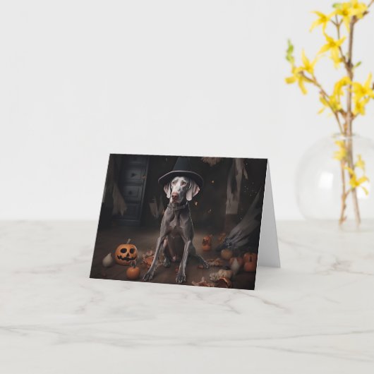 Weimaraner Pompoenen Halloween Griezelen Kaart (Gele Bloem)