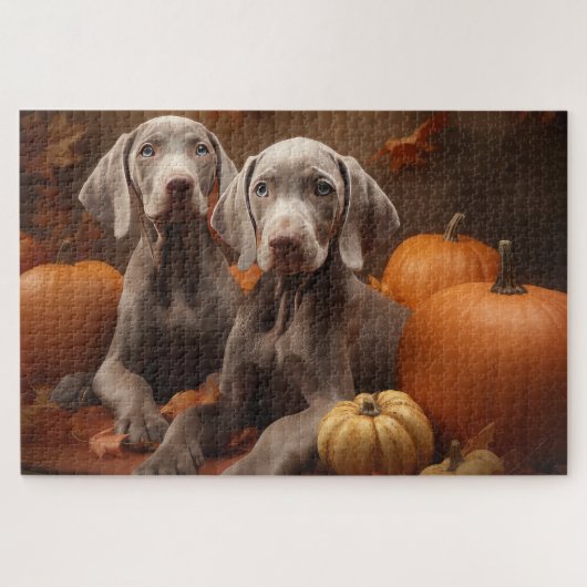 Weimaraner Pup Autumn Delight Pompoen Legpuzzel (Horizontaal)