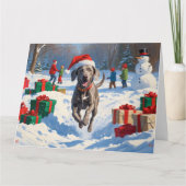Weimaraner Rent in de Sneeuw met Kerstmuts Kaart (Voorkant)