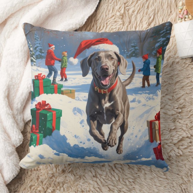 Weimaraner Rent in de Sneeuw met Kerstmuts Kussen (Deken)