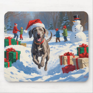 Weimaraner Rent in de Sneeuw met Kerstmuts Muismat