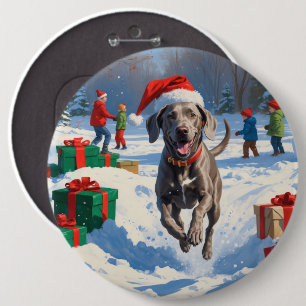 Weimaraner Rent in de Sneeuw met Kerstmuts Ronde Button 6,0 Cm