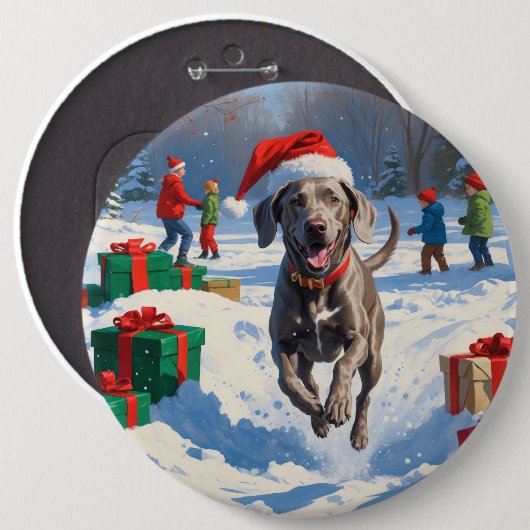 Weimaraner Rent in de Sneeuw met Kerstmuts Ronde Button 6,0 Cm (Voorkant /achterkant)