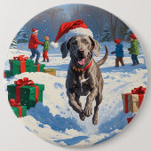 Weimaraner Rent in de Sneeuw met Kerstmuts Ronde Button 6,0 Cm (Voorkant)