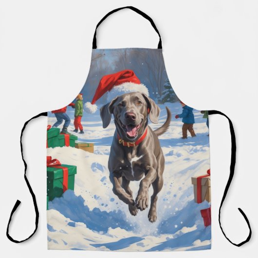 Weimaraner Rent in de Sneeuw met Kerstmuts Schort (Voorkant)