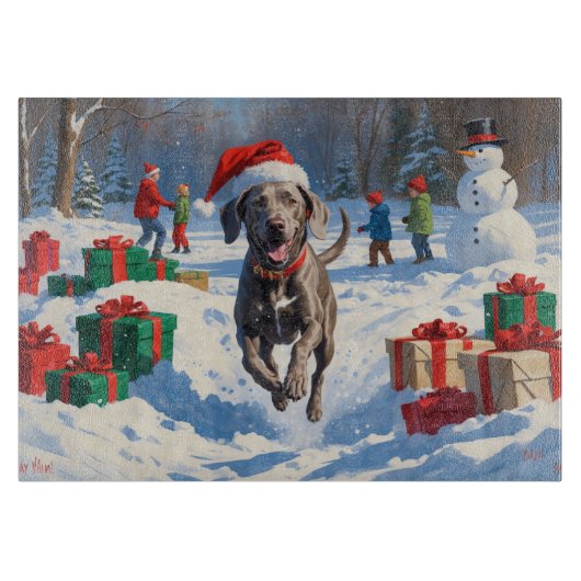 Weimaraner Rent in de Sneeuw met Kerstmuts Snijplank (Voorkant)