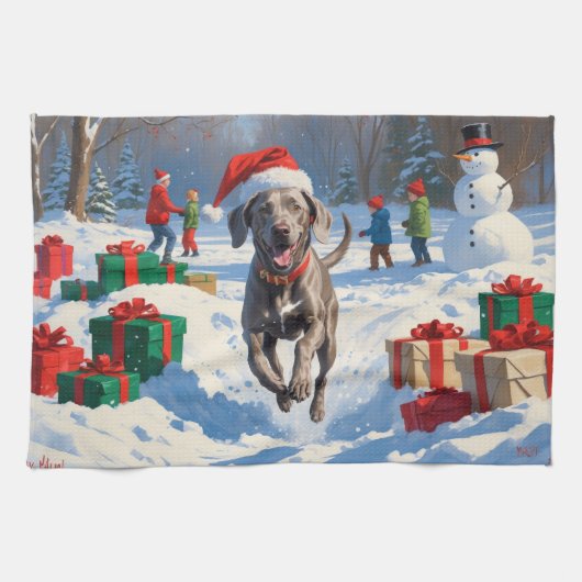 Weimaraner Rent in de Sneeuw met Kerstmuts Theedoek (Horizontaal)