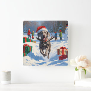 Weimaraner Rent in de Sneeuw met Kerstmuts Vierkante Klok