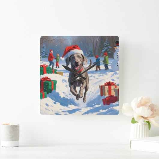 Weimaraner Rent in de Sneeuw met Kerstmuts Vierkante Klok (Huis)
