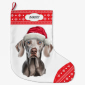 Weimaraner Santa Hat Snowflake Border Grote Kerstsok (Voorkant)