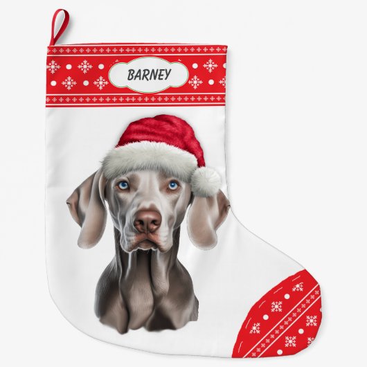 Weimaraner Santa Hat Snowflake Border Grote Kerstsok (Voorkant)