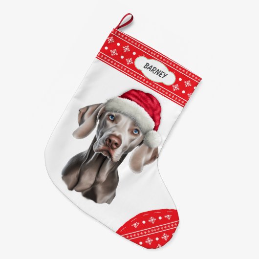 Weimaraner Santa Hat Snowflake Border Grote Kerstsok (Voorkant (Hangend))