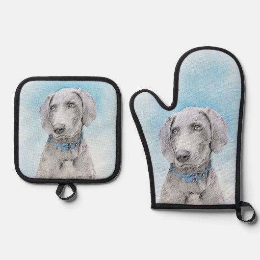Weimaraner Schilderen Grijs Zilver Originele Hond  Ovenwant & Pannenlap Set (Voorkant)