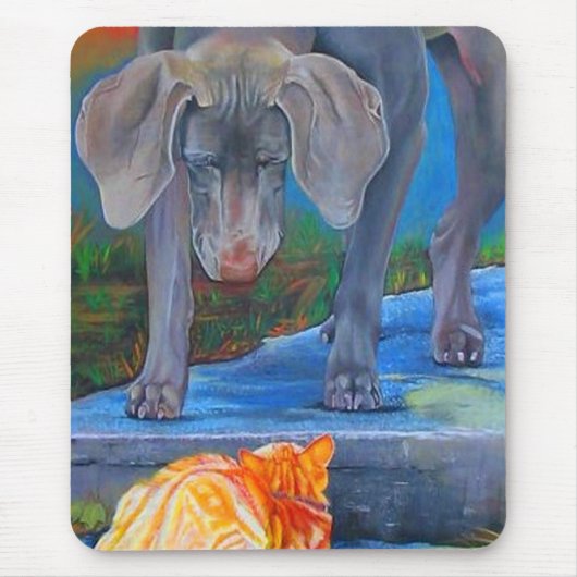 Weimaraner & Tabby Cat Mousepad Muismat (Voorkant)