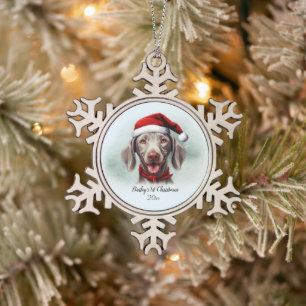 Weimaraner Waterverf Dog Santa Hat Eerste Kerstdag Tin Sneeuwvlok Ornament