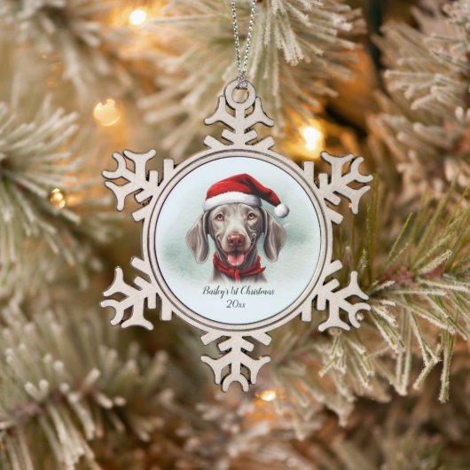 Weimaraner Waterverf Dog Santa Hat Eerste Kerstdag Tin Sneeuwvlok Ornament (Boom)