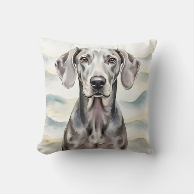 Weimaraner Waterverf Zilveren Golf Kunst Kussen (Voorkant)