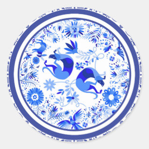 Weimaraners, Konijnen en Vogels Otomi Blauw & Wit Ronde Sticker