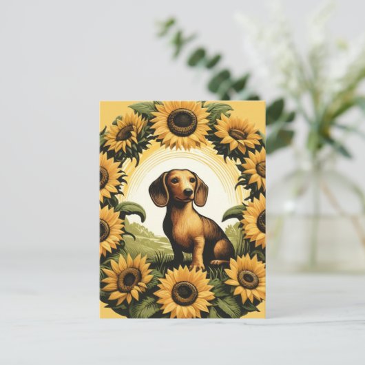 Weiner Dog Dachshund Art Zonnebloemen Briefkaart (Staand voorkant)