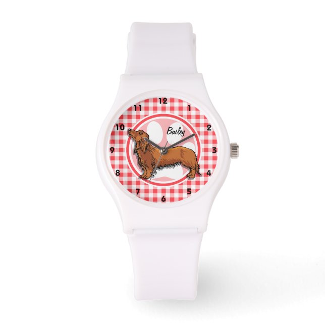 Weiner Hond; Rood en Wit Gingham Horloge (Voorkant)