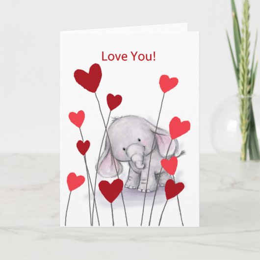 Weinig leuke olifant met rood hart, houdt van u kaart (Voorkant)