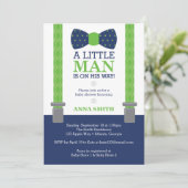 Weinig Man Baby shower uitnodiging, blauw, groen Kaart (Staand voorkant)