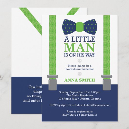 Weinig Man Baby shower uitnodiging, blauw, groen Kaart (Voorkant / Achterkant)