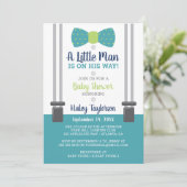 Weinig Man Baby shower uitnodiging, blauw, groen Kaart (Staand voorkant)