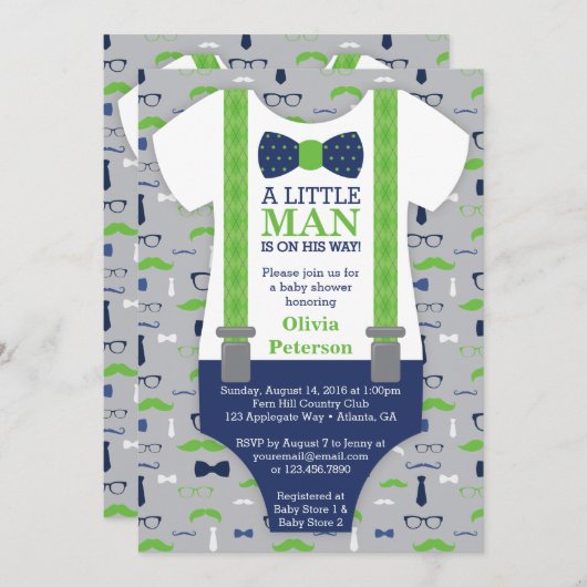 Weinig Man Baby shower uitnodiging, blauw, groen Kaart (Voorkant / Achterkant)