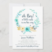 Weinig Man Baby shower Uitnodiging Blauwgroen Grij (Voorkant)