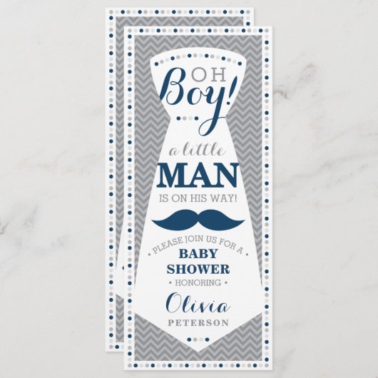 Weinig Man Baby shower uitnodiging, Stropdas, Navy Kaart (Voorkant / Achterkant)