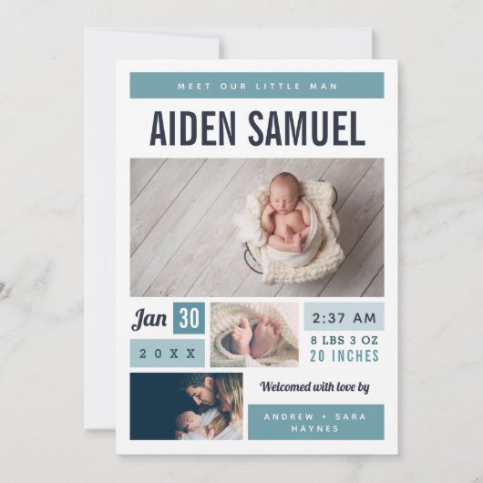 Weinig Man Fotocollage geboorteaankondiging Aankondiging (Voorkant)
