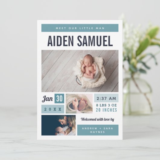 Weinig Man Fotocollage geboorteaankondiging Aankondiging (Staand voorkant)