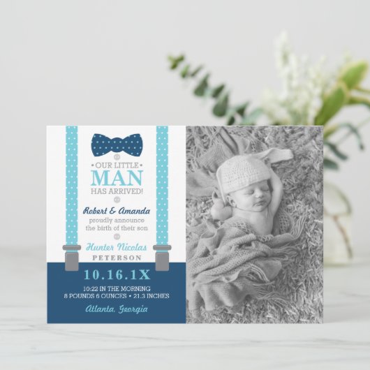 Weinig Man geboorteaankondiging, blauw, grijs Aankondiging (Staand voorkant)