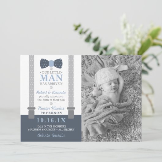 Weinig Man geboorteaankondiging, blauw, grijs Aankondiging (Staand voorkant)